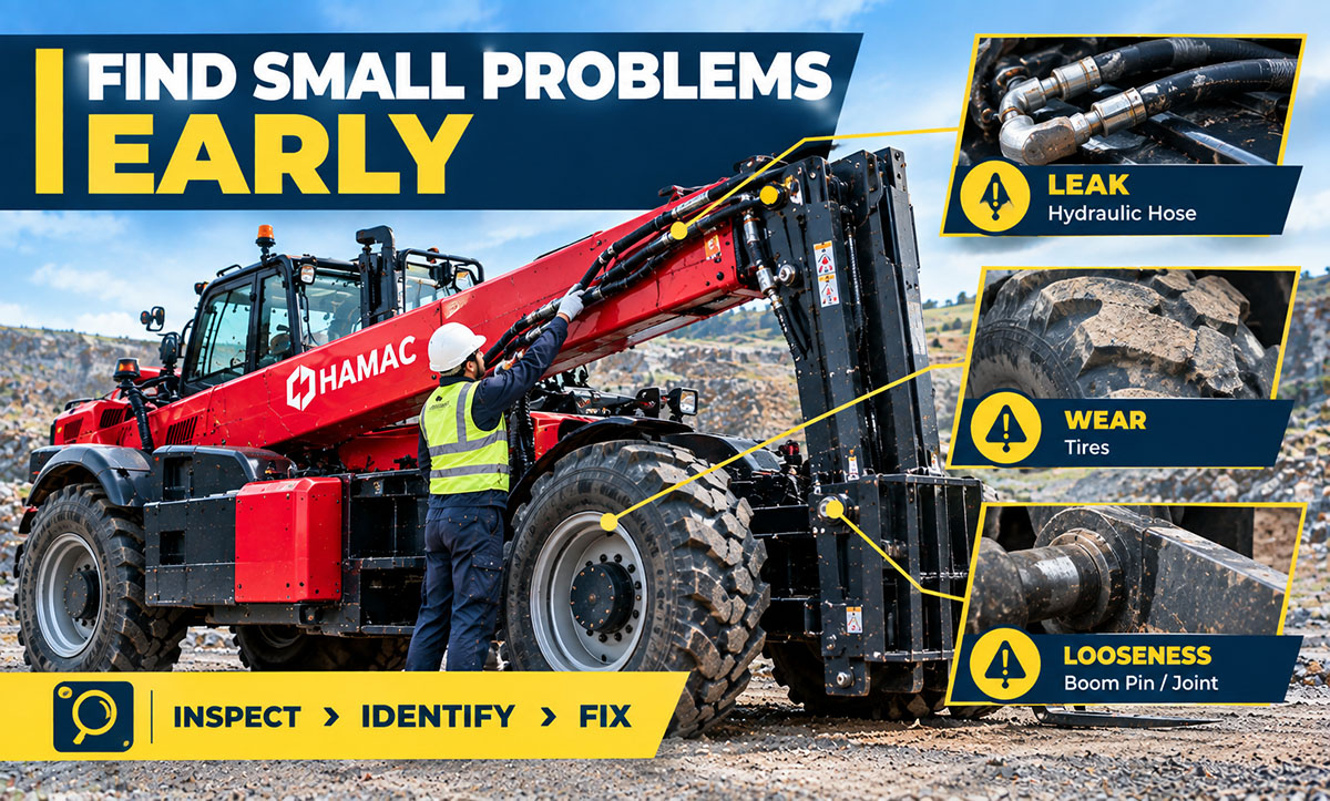 Operator checking telehandler tire condition, forks and hydraulic hoses during a daily maintenance inspection.
