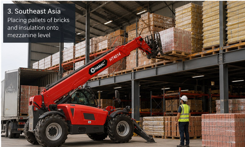 HAMAC HT4014 telehandler placing pallets of bricks and insulation onto a mezzanine level in a logistics warehouse in Southeast Asia