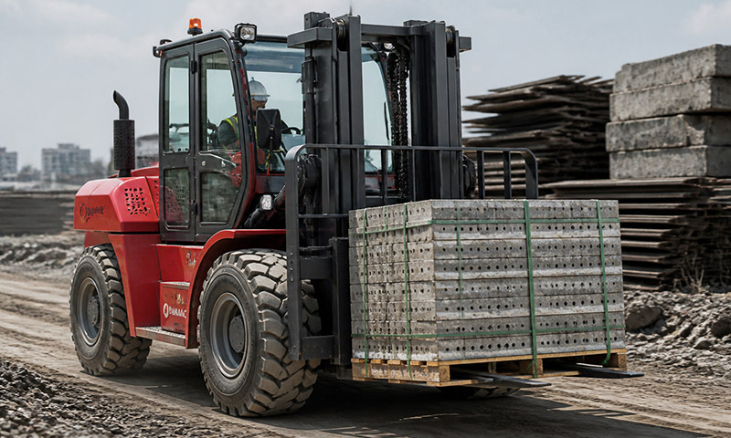 FD60‑RT rough terrain forklift transporting heavy pallets across uneven ground on the construction site.
