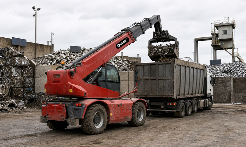 Telehandler for Scrap Metal Sorting and Loading in Recycling Yard