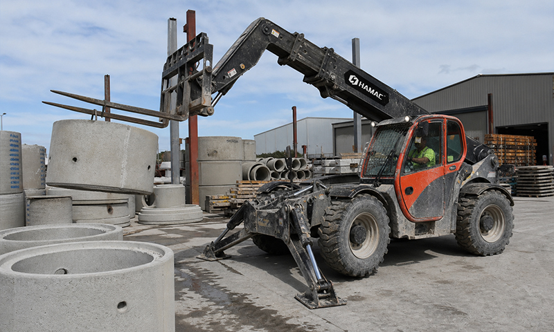 Telehandler for Pipe and Manhole Component Handling in Precast Yard