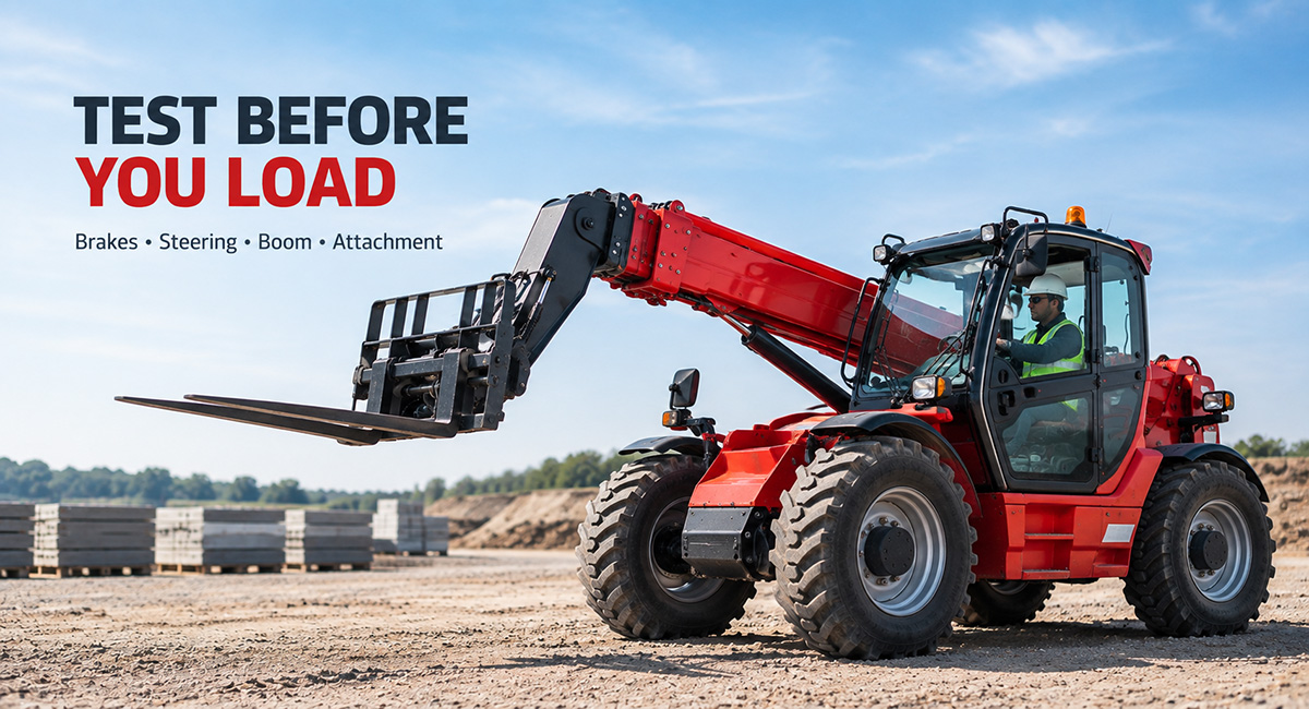 Operator testing telehandler boom and steering functions in a clear area before starting work.