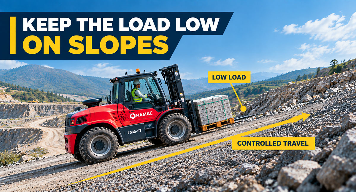 Rough terrain forklift travelling straight on a gravel slope with a low stable pallet load facing uphill.