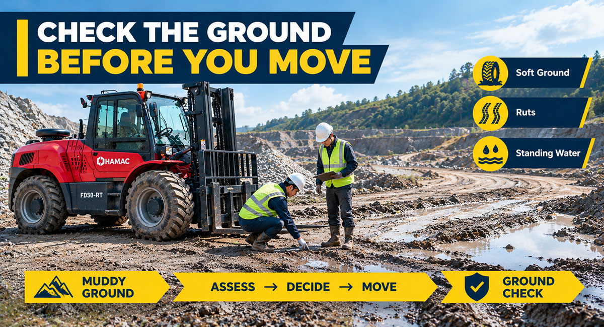 Supervisor and forklift operator assessing muddy ground, tire condition and a safe travel route before work.