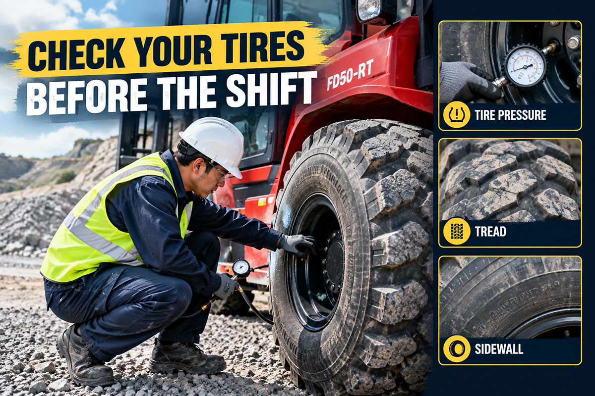Technician checking rough terrain forklift tire pressure, tread and sidewall condition before a construction shift.