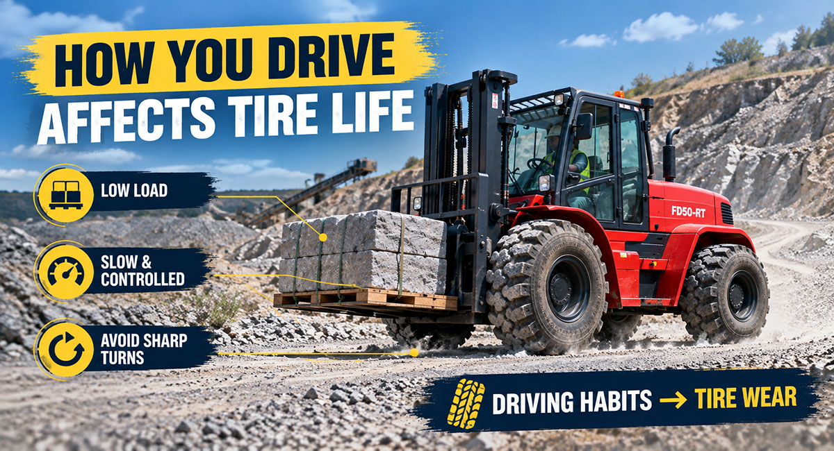 Rough terrain forklift travelling slowly with a low stable pallet load across a gravel construction route.